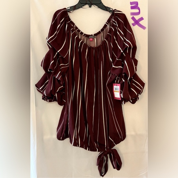 CeCe Tops - CeCe Burgundy and White Striped Blouse